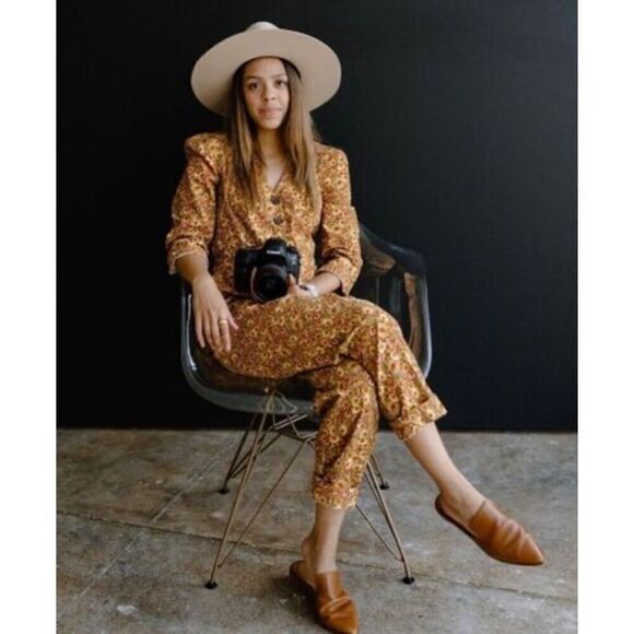 Madewell Corduroy Puff Sleeve Jumpsuit Women’s 00 in Mumbai Floral Moss NEW - Picture 8 of 13